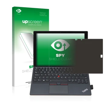 Parte frontal de un envase de producto con el logotipo de la marca upscreen. Al lado se muestra el dispositivo Lenovo ThinkPad