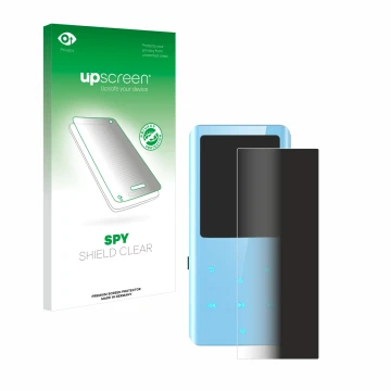 Parte frontal de un envase de producto con el logotipo de la marca upscreen. Al lado se muestra el dispositivo AGPtek A19X con