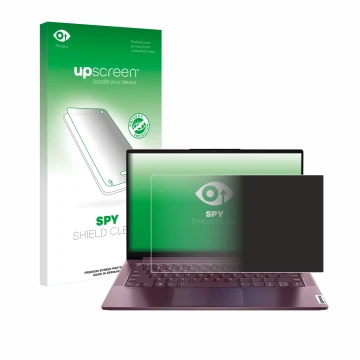 Parte frontal de un envase de producto con el logotipo de la marca upscreen. Al lado se muestra el dispositivo Lenovo Yoga Sli