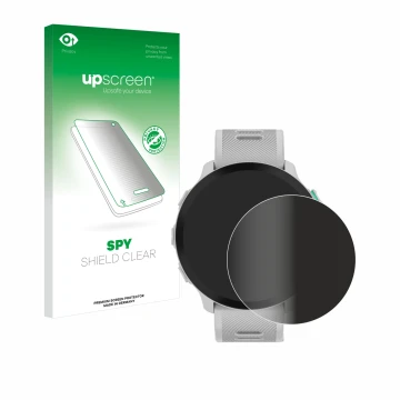 Parte frontal de un envase de producto con el logotipo de la marca upscreen. Al lado se muestra el dispositivo Garmin Forerunn