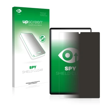 Parte frontal de un envase de producto con el logotipo de la marca upscreen. Al lado se muestra el dispositivo Lenovo Tab M10 