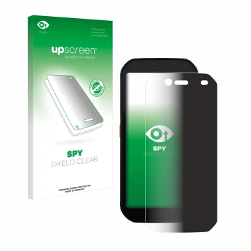 Parte frontal de un envase de producto con el logotipo de la marca upscreen. Al lado se muestra el dispositivo Caterpillar Cat