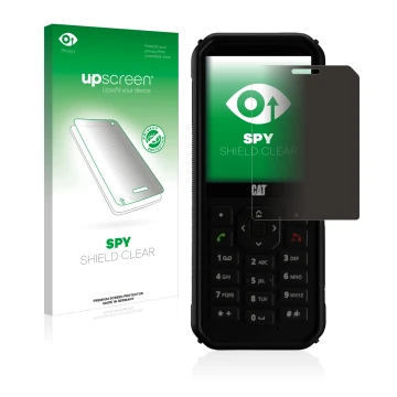 Parte frontal de un envase de producto con el logotipo de la marca upscreen. Al lado se muestra el dispositivo Caterpillar Cat