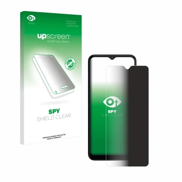 Parte frontal de un envase de producto con el logotipo de la marca upscreen. Al lado se muestra el dispositivo Motorola Moto G