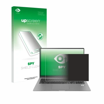 Parte frontal de un envase de producto con el logotipo de la marca upscreen. Al lado se muestra el dispositivo LG gram 17'' 20
