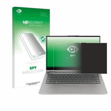 Parte frontal de un envase de producto con el logotipo de la marca upscreen. Al lado se muestra el dispositivo Lenovo ThinkBoo