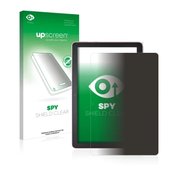 Parte frontal de un envase de producto con el logotipo de la marca upscreen. Al lado se muestra el dispositivo Amazon Fire HD 