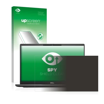Parte frontal de un envase de producto con el logotipo de la marca upscreen. Al lado se muestra el dispositivo Dell Latitude 7