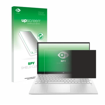 Parte frontal de un envase de producto con el logotipo de la marca upscreen. Al lado se muestra el dispositivo HP ProBook 440 