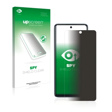 Parte frontal de un envase de producto con el logotipo de la marca upscreen. Al lado se muestra el dispositivo Tecno Camon 17 
