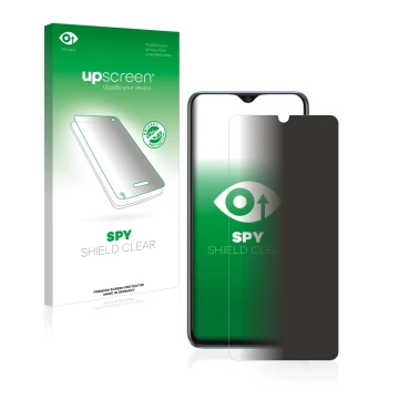 Parte frontal de un envase de producto con el logotipo de la marca upscreen. Al lado se muestra el dispositivo Vivo Y70 con su