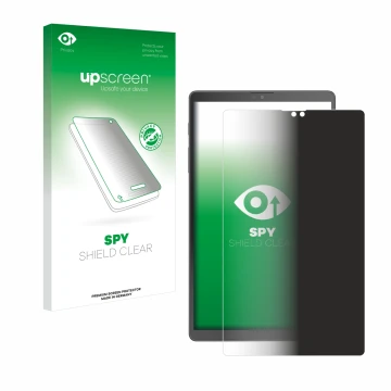 Parte frontal de un envase de producto con el logotipo de la marca upscreen. Al lado se muestra el dispositivo Samsung Galaxy 