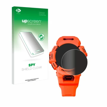 Parte frontal de un envase de producto con el logotipo de la marca upscreen. Al lado se muestra el dispositivo Casio G-Shock G