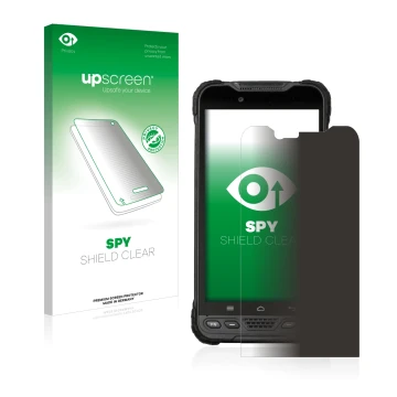 Parte frontal de un envase de producto con el logotipo de la marca upscreen. Al lado se muestra el dispositivo UniStrong UT10 