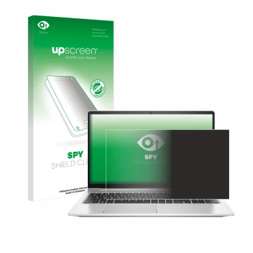 Parte frontal de un envase de producto con el logotipo de la marca upscreen. Al lado se muestra el dispositivo HP ProBook 450 