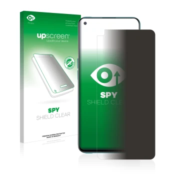 Parte frontal de un envase de producto con el logotipo de la marca upscreen. Al lado se muestra el dispositivo OnePlus Nord CE