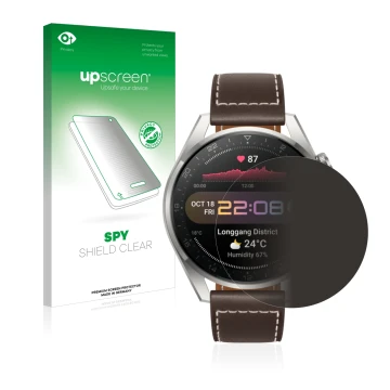 Parte frontal de un envase de producto con el logotipo de la marca upscreen. Al lado se muestra el dispositivo Huawei Watch 3 