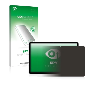 Parte frontal de un envase de producto con el logotipo de la marca upscreen. Al lado se muestra el dispositivo Huawei MatePad 