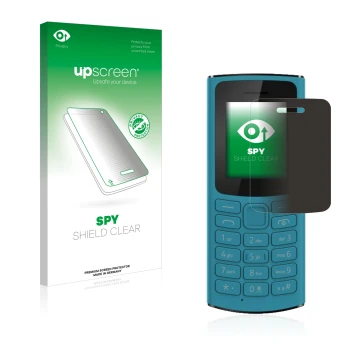 Parte frontal de un envase de producto con el logotipo de la marca upscreen. Al lado se muestra el dispositivo Nokia 105 4G 20