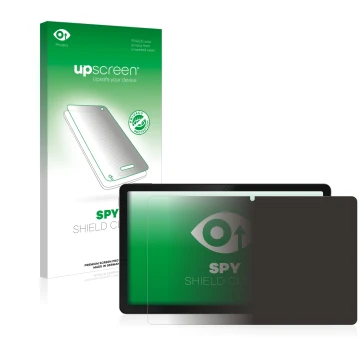 Parte frontal de un envase de producto con el logotipo de la marca upscreen. Al lado se muestra el dispositivo realme Pad con 