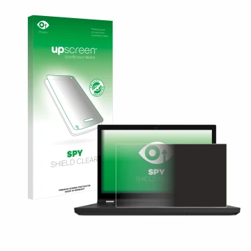 Parte frontal de un envase de producto con el logotipo de la marca upscreen. Al lado se muestra el dispositivo Lenovo ThinkPad