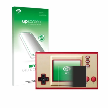 Parte frontal de un envase de producto con el logotipo de la marca upscreen. Al lado se muestra el dispositivo Nintendo Game &
