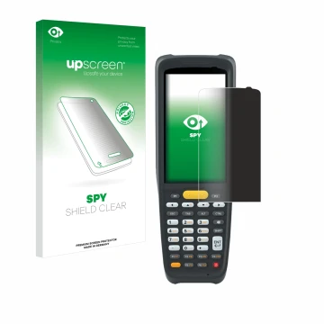 Parte frontal de un envase de producto con el logotipo de la marca upscreen. Al lado se muestra el dispositivo Zebra MC2200 co
