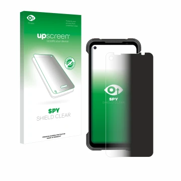 Parte frontal de un envase de producto con el logotipo de la marca upscreen. Al lado se muestra el dispositivo Doogee S97 Pro 