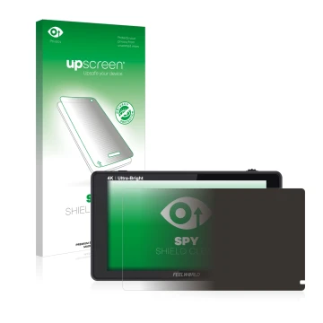 Parte frontal de un envase de producto con el logotipo de la marca upscreen. Al lado se muestra el dispositivo Feelworld LUT6 