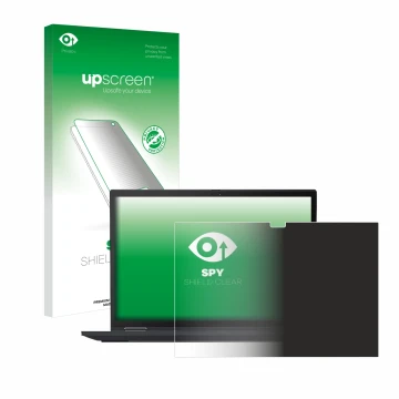 Parte frontal de un envase de producto con el logotipo de la marca upscreen. Al lado se muestra el dispositivo Lenovo ThinkPad