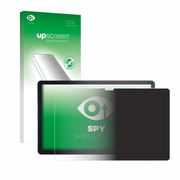 Parte frontal de un envase de producto con el logotipo de la marca upscreen. Al lado se muestra el dispositivo Lenovo Tab P11 