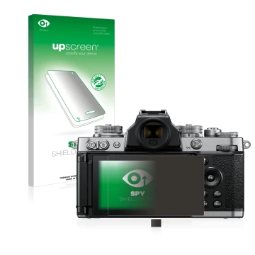 Parte frontal de un envase de producto con el logotipo de la marca upscreen. Al lado se muestra el dispositivo Nikon Z fc con 