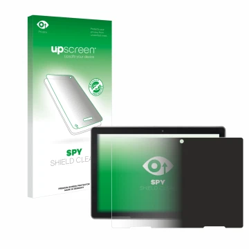 Parte frontal de un envase de producto con el logotipo de la marca upscreen. Al lado se muestra el dispositivo MEDION Lifetab 