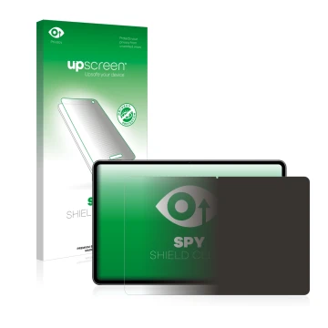 Parte frontal de un envase de producto con el logotipo de la marca upscreen. Al lado se muestra el dispositivo Huawei MatePad 