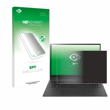 Parte frontal de un envase de producto con el logotipo de la marca upscreen. Al lado se muestra el dispositivo LG gram 16'' 2-
