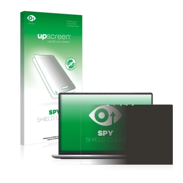 Parte frontal de un envase de producto con el logotipo de la marca upscreen. Al lado se muestra el dispositivo Dell Latitude 9