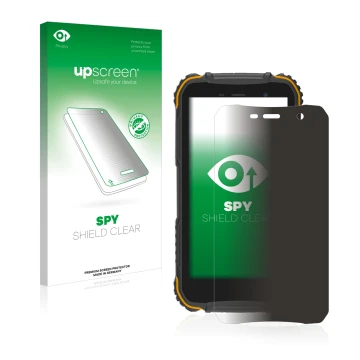 Parte frontal de un envase de producto con el logotipo de la marca upscreen. Al lado se muestra el dispositivo Doogee S35 con 