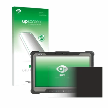 Parte frontal de un envase de producto con el logotipo de la marca upscreen. Al lado se muestra el dispositivo Getac A140 con 