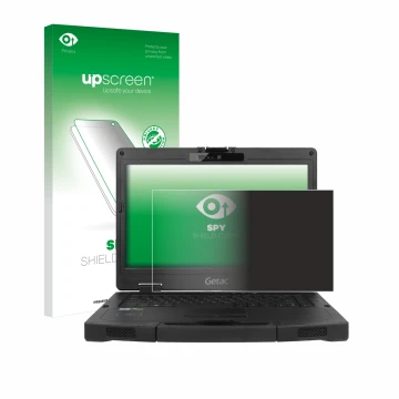 Parte frontal de un envase de producto con el logotipo de la marca upscreen. Al lado se muestra el dispositivo Getac S410 con 