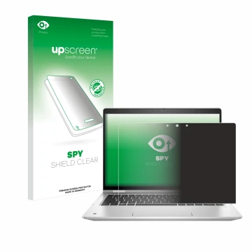 Parte frontal de un envase de producto con el logotipo de la marca upscreen. Al lado se muestra el dispositivo HP ProBook x360