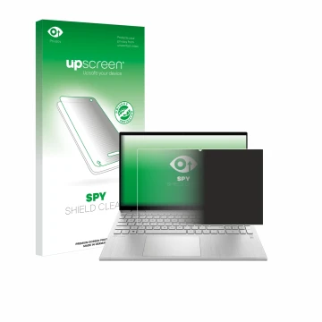 Parte frontal de un envase de producto con el logotipo de la marca upscreen. Al lado se muestra el dispositivo HP Pavilion x36