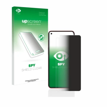 Parte frontal de un envase de producto con el logotipo de la marca upscreen. Al lado se muestra el dispositivo OnePlus Nord 2 