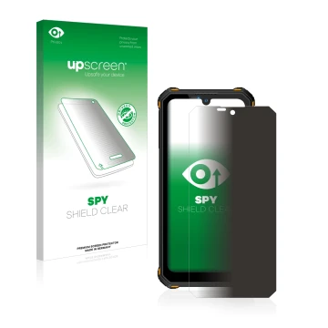 Parte frontal de un envase de producto con el logotipo de la marca upscreen. Al lado se muestra el dispositivo Oukitel WP15 5G