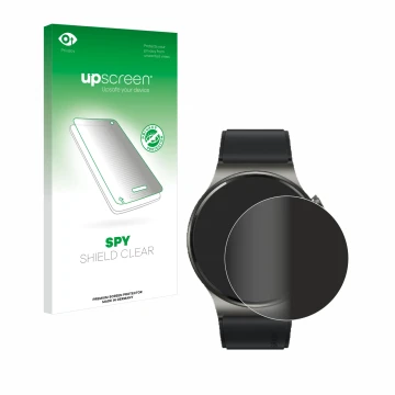 Parte frontal de un envase de producto con el logotipo de la marca upscreen. Al lado se muestra el dispositivo Huawei Watch GT
