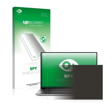 Parte frontal de un envase de producto con el logotipo de la marca upscreen. Al lado se muestra el dispositivo Dell XPS 15 951
