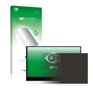 Parte frontal de un envase de producto con el logotipo de la marca upscreen. Al lado se muestra el dispositivo ViewSonic TD165