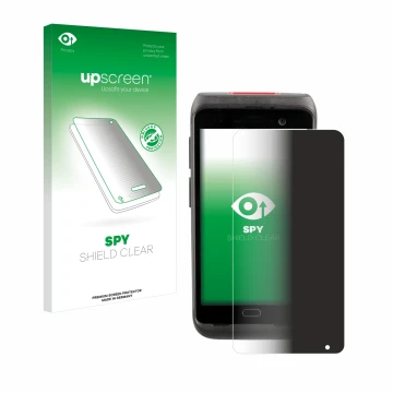 Parte frontal de un envase de producto con el logotipo de la marca upscreen. Al lado se muestra el dispositivo Honeywell CT40 