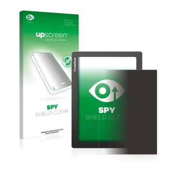 Parte frontal de un envase de producto con el logotipo de la marca upscreen. Al lado se muestra el dispositivo PocketBook InkP