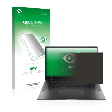 Parte frontal de un envase de producto con el logotipo de la marca upscreen. Al lado se muestra el dispositivo HP Envy x360 (1