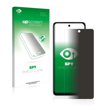 Parte frontal de un envase de producto con el logotipo de la marca upscreen. Al lado se muestra el dispositivo Motorola Moto G